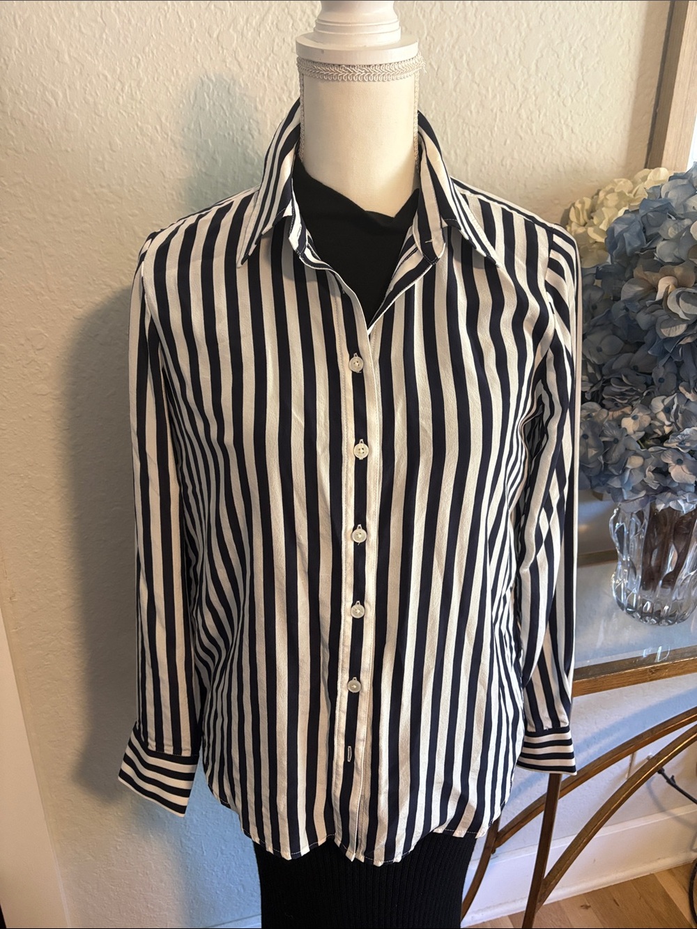 Boden Black and White Vertical Stripe Silk Button-Up Blouse